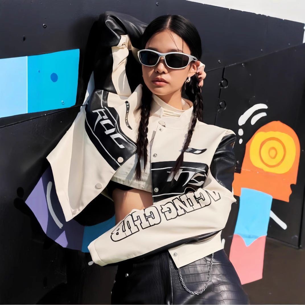 Damen cropped Bikerjacke mit einzigartigen Grafikdetails Drune