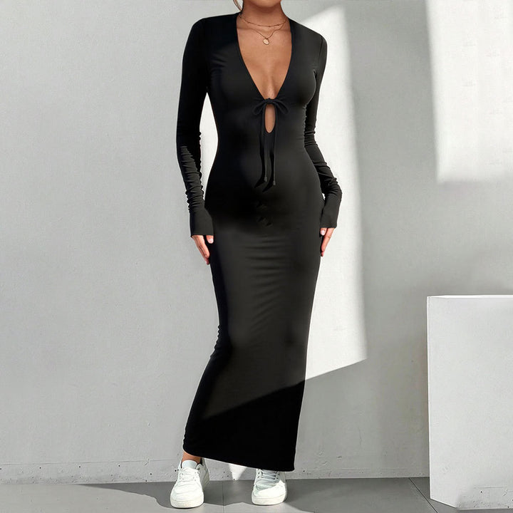 Damen Maxikleid mit tiefem V-Ausschnitt und schickem Knotenverschluss Drune