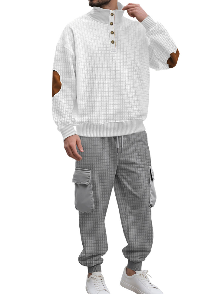 Herren nan Karo-Relief-Sweatset mit Stehkragen-Knopfleiste, Velours-Ellenbogenpatches und Cargo-Jogger Drune