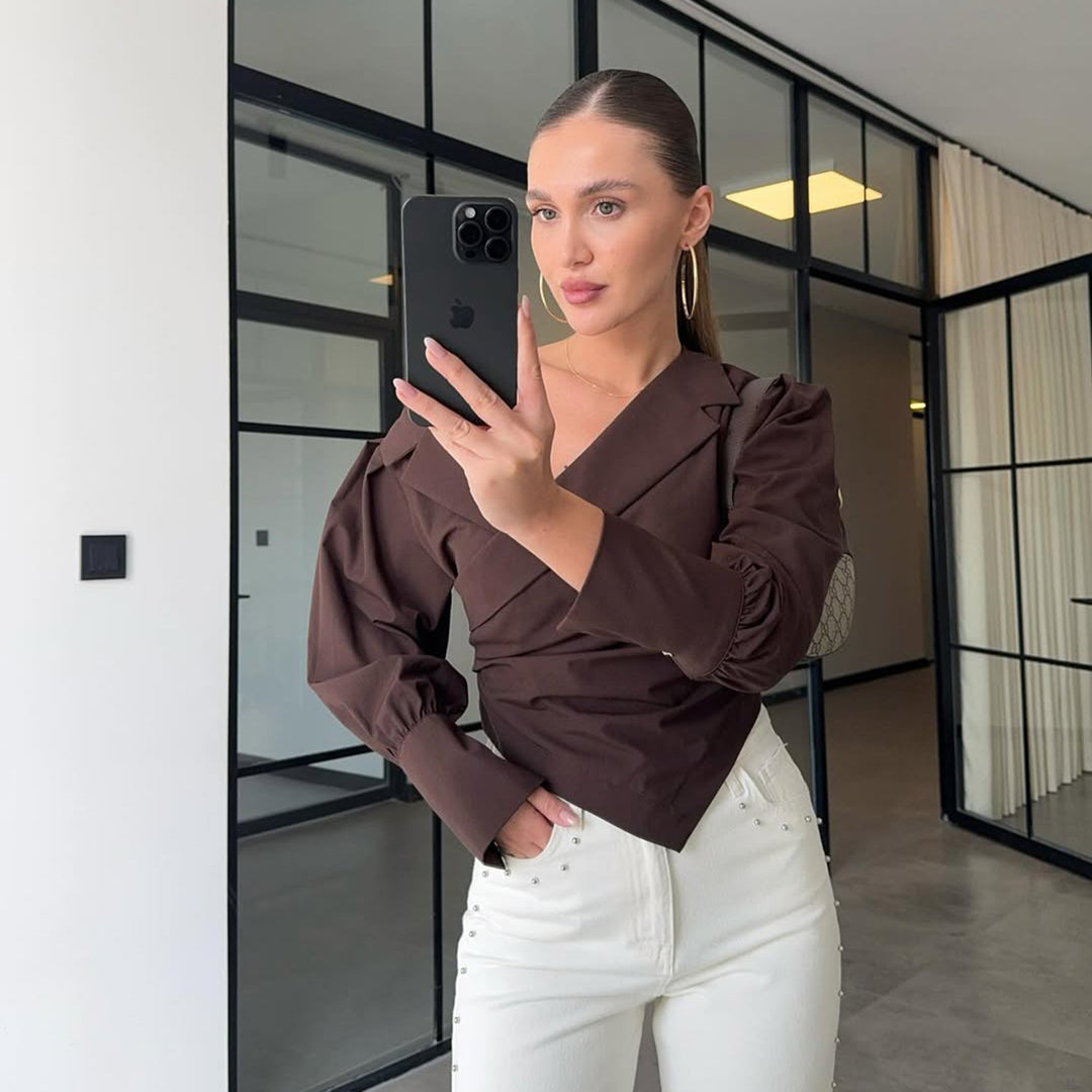 Damen Elegante Wickelbluse mit asymmetrischem Schnitt und Puffärmeln Drune