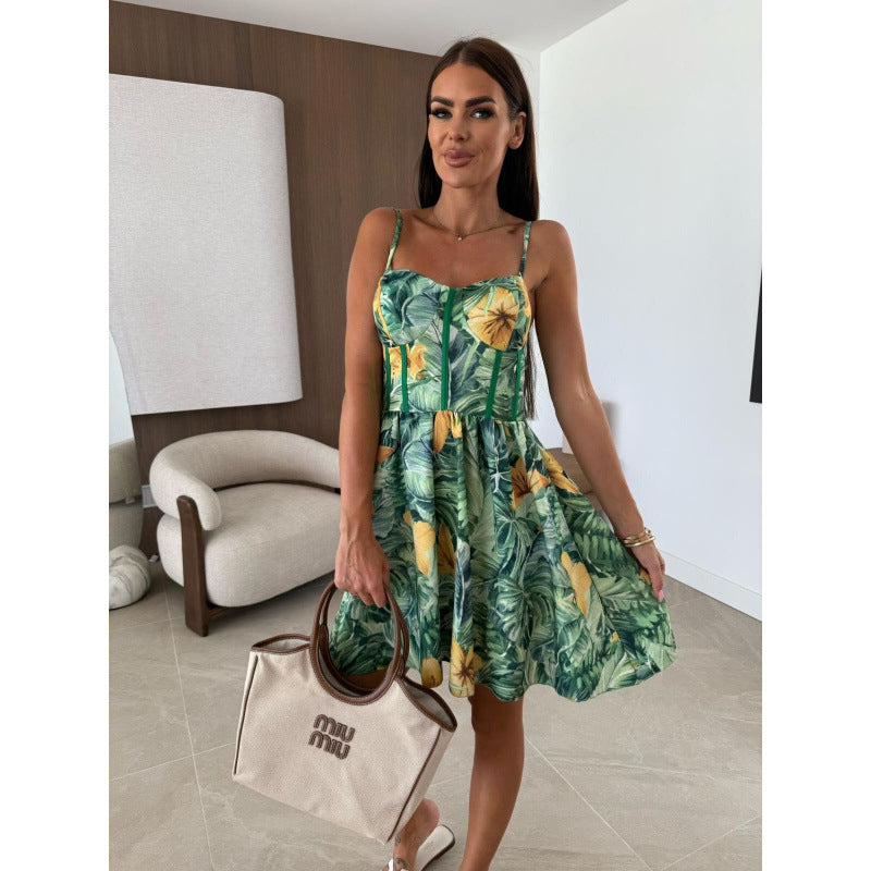 Damen Sommerliches Minikleid mit verzierten Trägern und floralem Design Drune