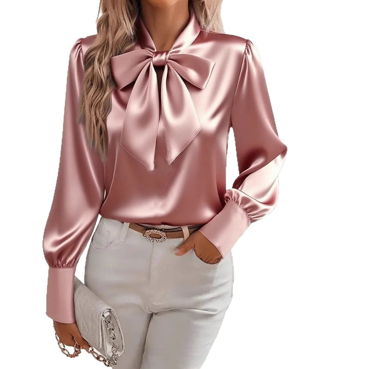 Damen elegante Satinbluse mit Schleifenkragen und Puffärmeln Drune