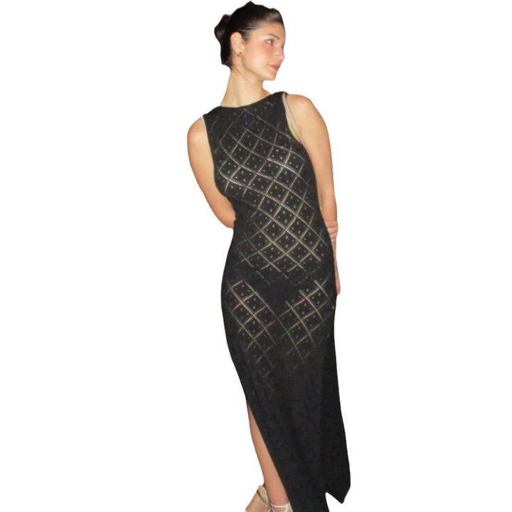 Damen Maxikleid mit dekorativem Rautengewebe und seitlichem Schlitz Drune