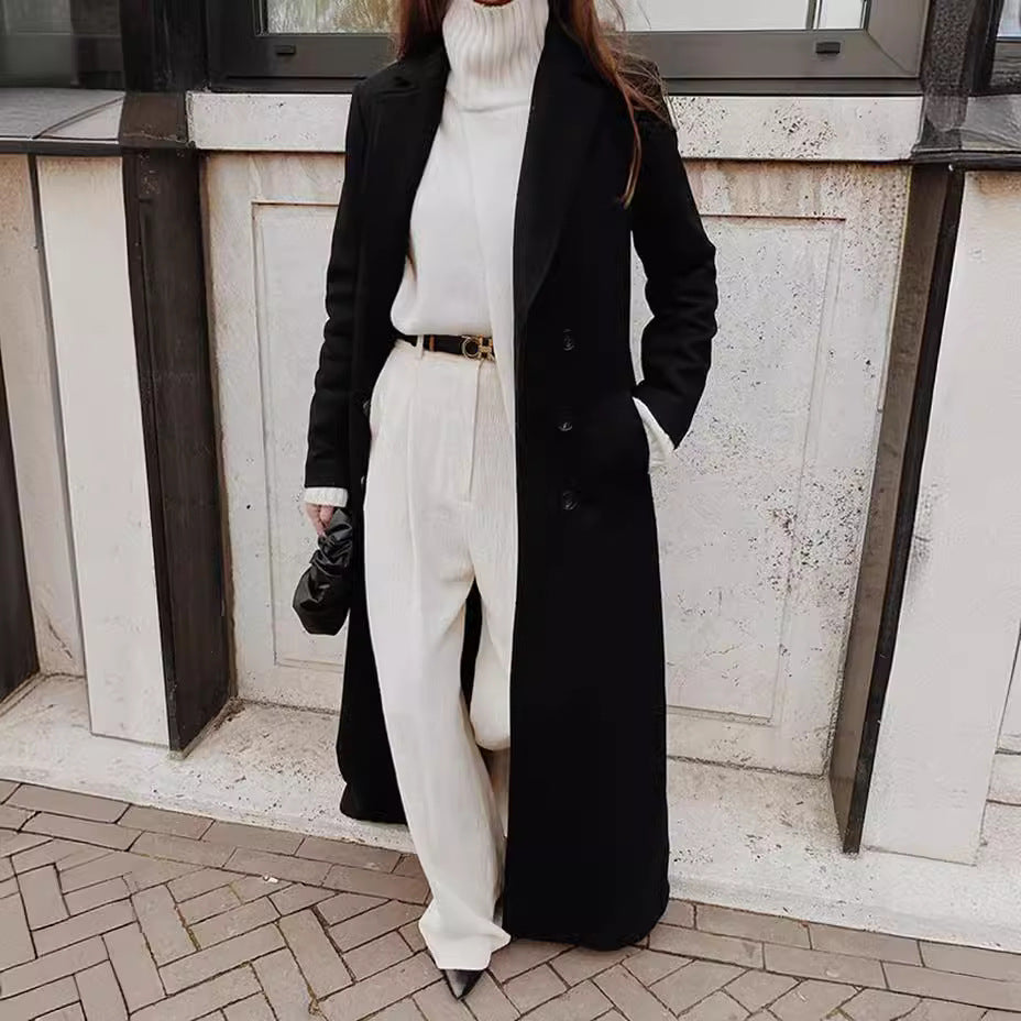 Damen klassischer Maxi-Mantel mit eleganten Falten und Taschen Drune
