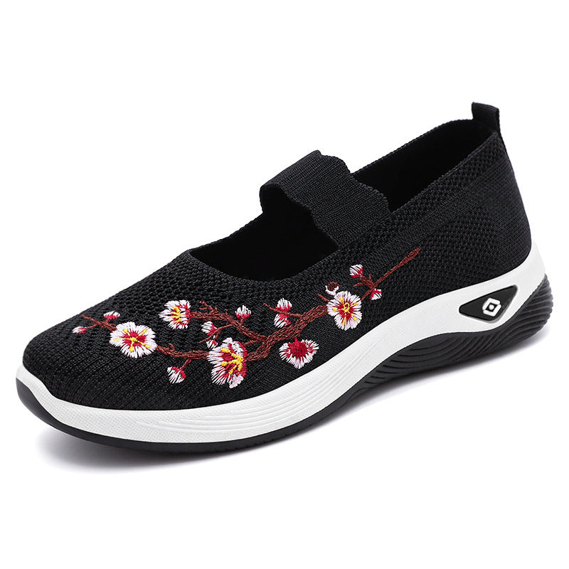 Damen nan bestickter Komfort-Ballerina mit elastischem Mary-Jane-Riemen, atmungsaktivem Strickoberteil und stoßdämpfender EVA-Keilsohle Drune