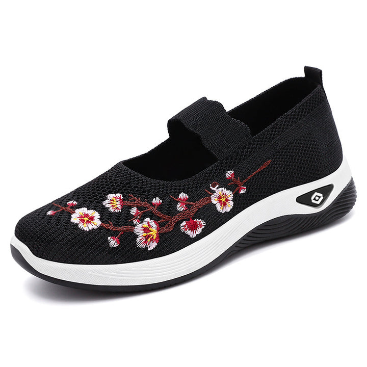 Damen nan bestickter Komfort-Ballerina mit elastischem Mary-Jane-Riemen, atmungsaktivem Strickoberteil und stoßdämpfender EVA-Keilsohle Drune