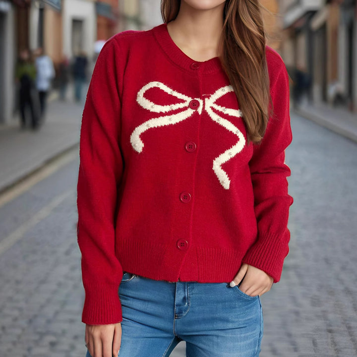 Damen kuschelige Strickjacke mit Schleifenmotiv Drune