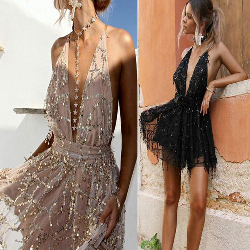 Damen Neckholder-Pailletten-Minikleid mit Fransen-Detail Drune