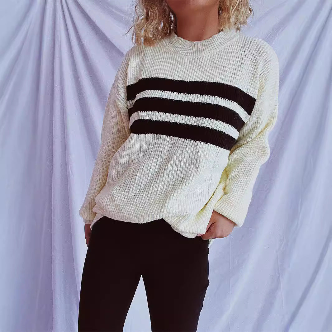 Damen lässiger Strickpullover mit horizontalen Streifen und Oversized-Schnitt Drune