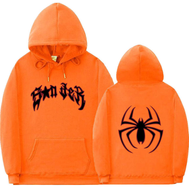 Damen Kapuzenpullover mit auffälligem Spinnenmotiv und grobem Schriftzug Drune