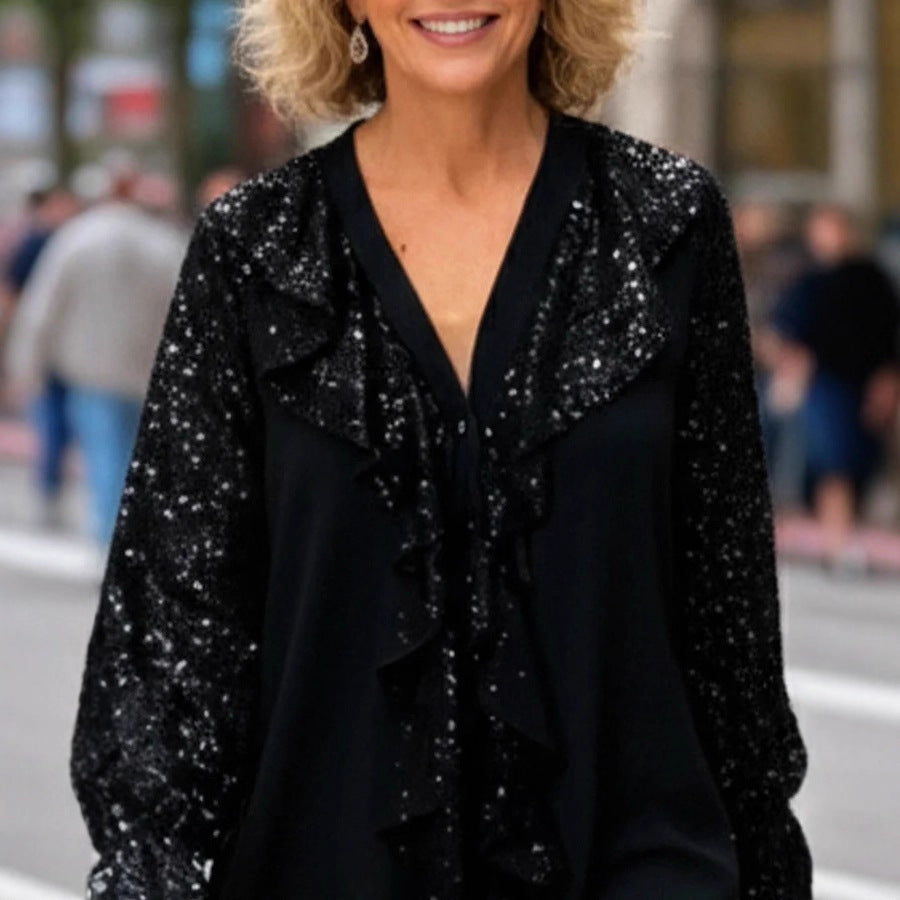 Damen Elegante Bluse mit glitzernden Akzenten und Rüschendetails Drune