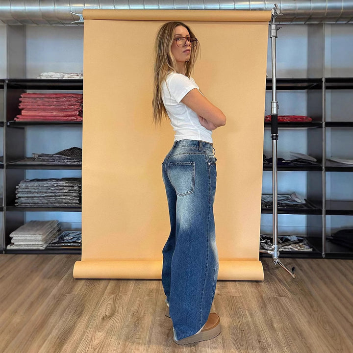 Damen modische weite Jeans mit einzigartigem Schnitt und hohem Bund Drune