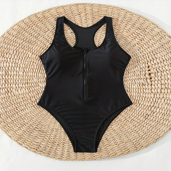 Damen Einteiler Badeanzug mit sportlichem Zipper und tiefem V-Ausschnitt Drune