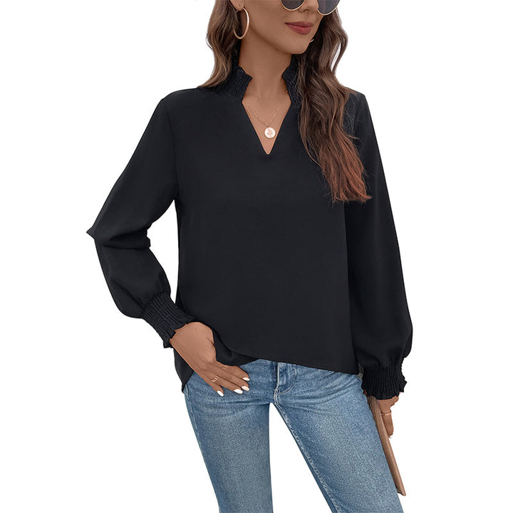 Damen lässiges Viskosebluse mit modischen Puffärmeln und V-Ausschnitt Drune