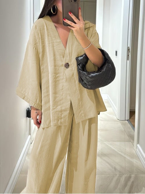 Damen nan entspanntes Zweiteiler-Leinenensemble mit kimonoartiger Oversize-Jacke und weiter Palazzohose Drune