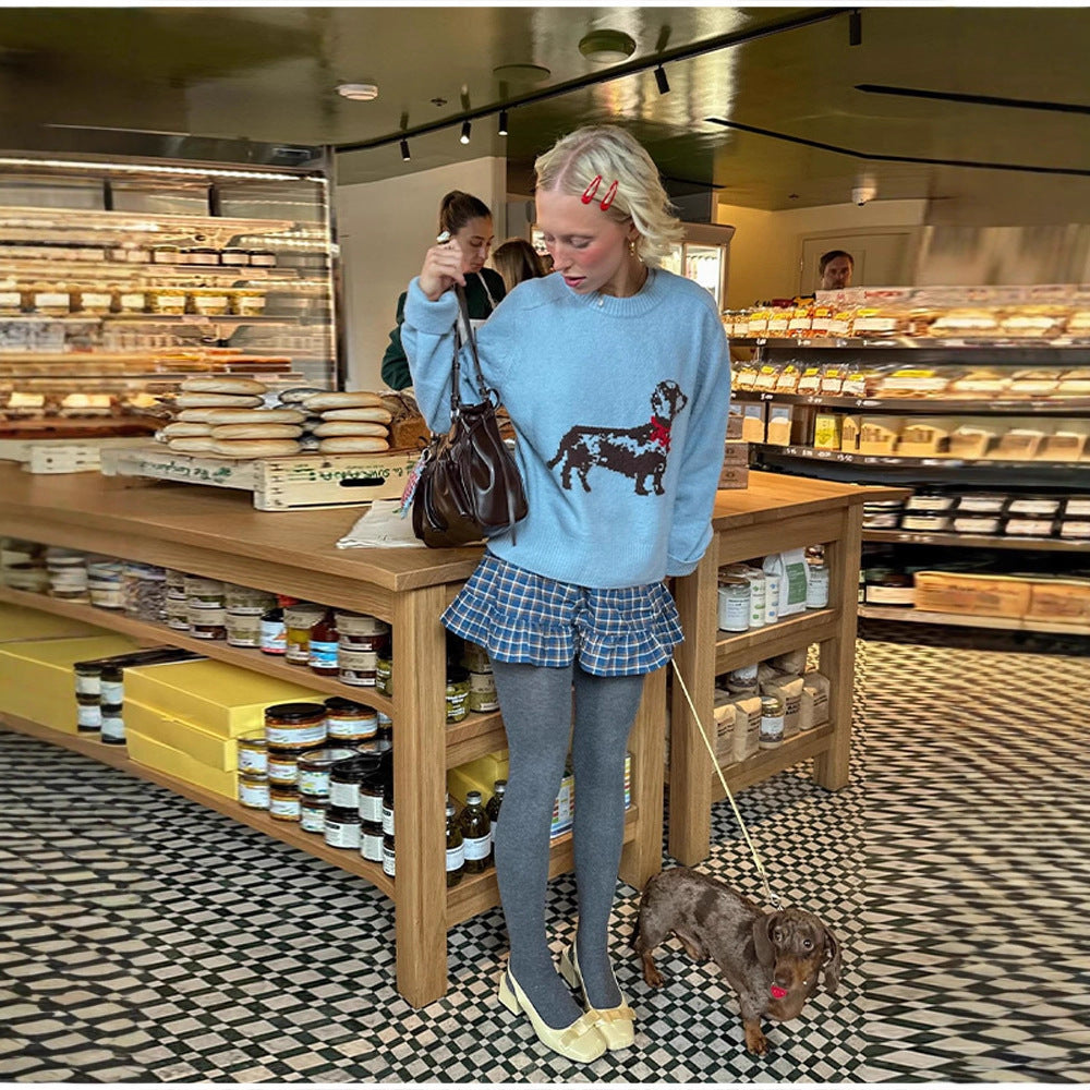 Damen Sweatshirt mit verspieltem Hundemotiv und gerippten Ärmeln Drune