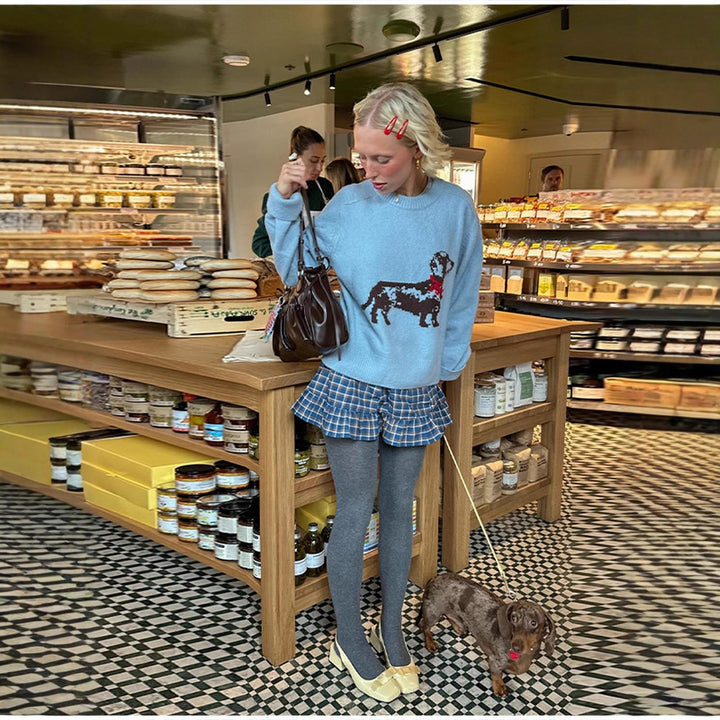 Damen Sweatshirt mit verspieltem Hundemotiv und gerippten Ärmeln Drune