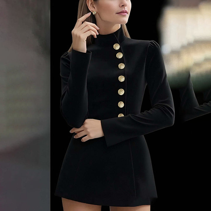 Damen Minikleid mit elegantem Stehkragen und dekorativen Knöpfen Drune