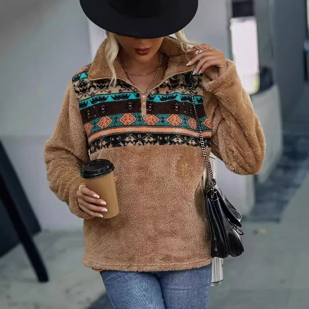 Damen Fleece-Pullover mit modischem Reißverschluss und buntem Muster Drune