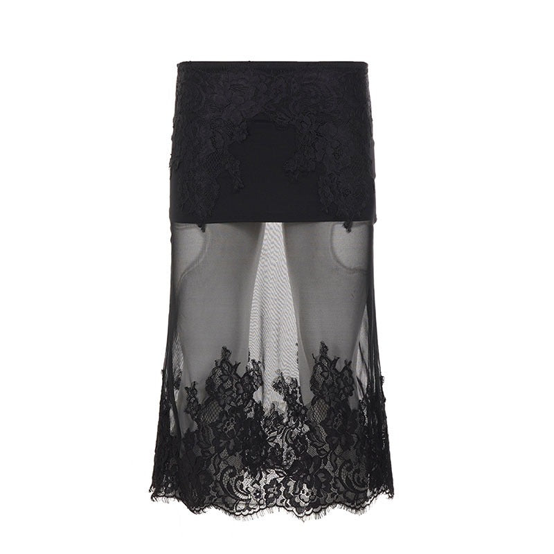 Damen Spitzenrock mit transparentem Unterkleid und verzierten Rüschen Drune