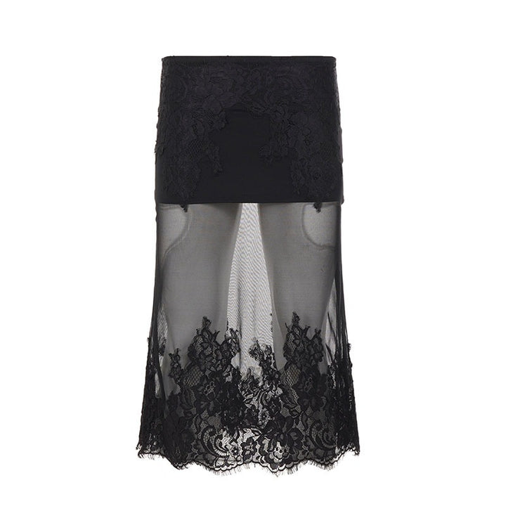 Damen Spitzenrock mit transparentem Unterkleid und verzierten Rüschen Drune