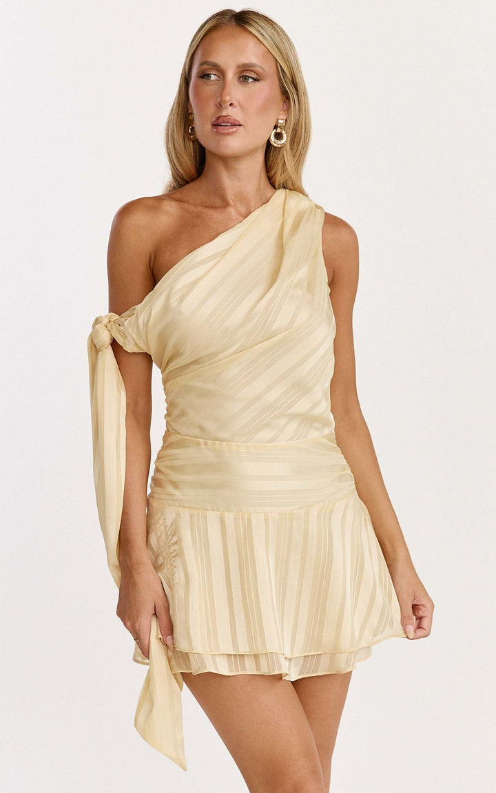 Damen asymmetrisches Mini-Kleid mit eleganter Drapierung und seitlichem Bindeband Drune