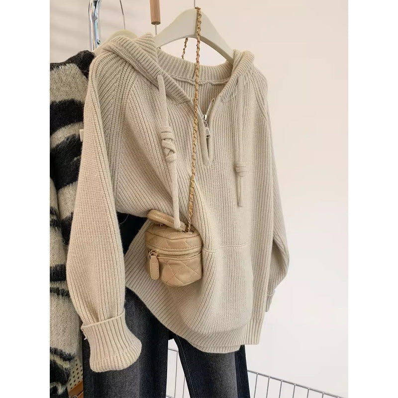 Damen Oversized Strickpullover mit Kapuze und praktischen Reißverschlusstaschen Drune