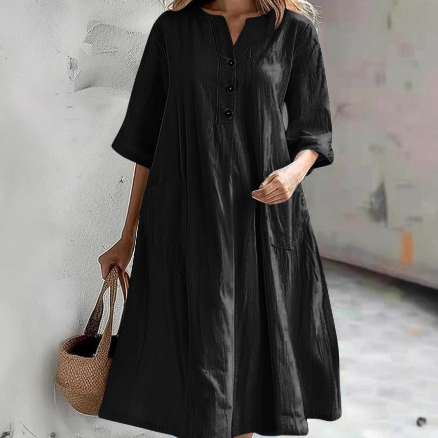 Damen nan locker fallendes A-Linien Kleid mit V-Ausschnitt-Knopfleiste, 3/4-Ärmeln und aufgesetzten Eingrifftaschen Drune