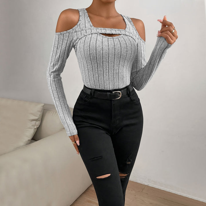 Damen Langarm-Top mit strukturiertem V-Ausschnitt und Cut-Out-Details Drune