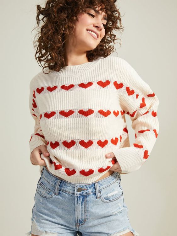 Damen gemütlicher Pullover mit Herzmuster Drune