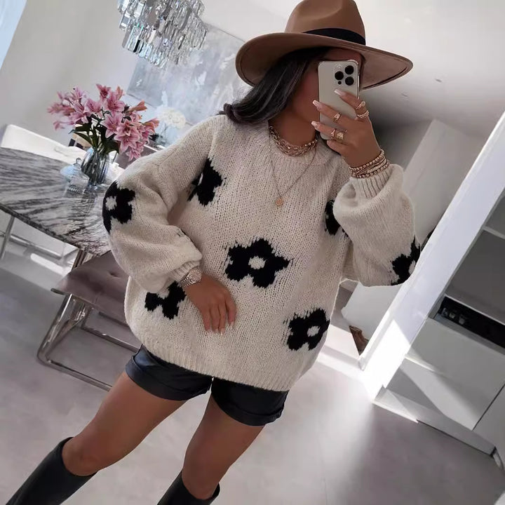 Damen kuscheliger Strickpullover mit einzigartigem Blumendesign Drune