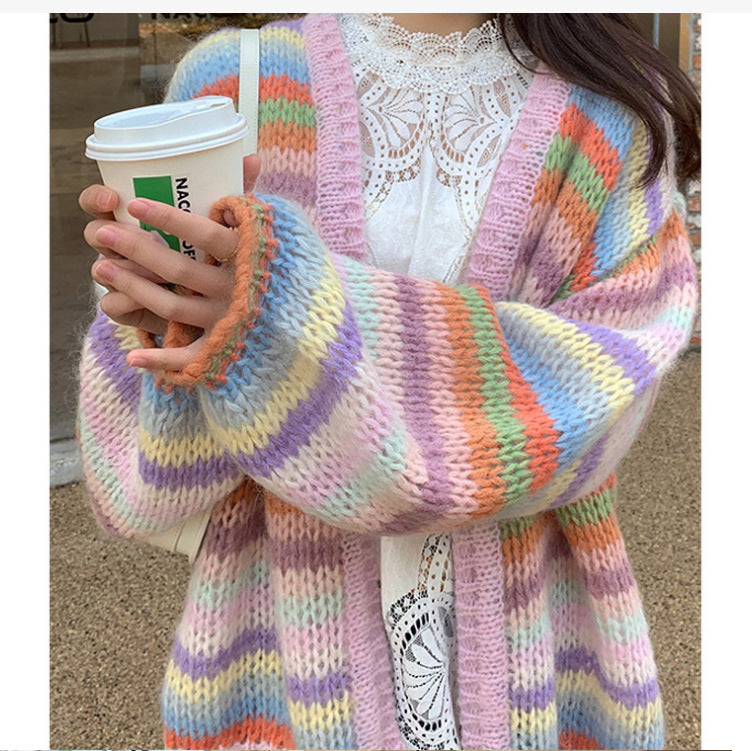Damen lässiger Strickcardigan mit buntem Streifenmuster und weiten Ärmeln Drune