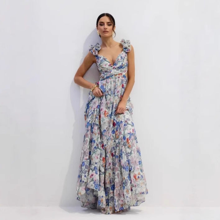 Damen Maxikleid mit floralem Print und romantischen Rüschen Drune