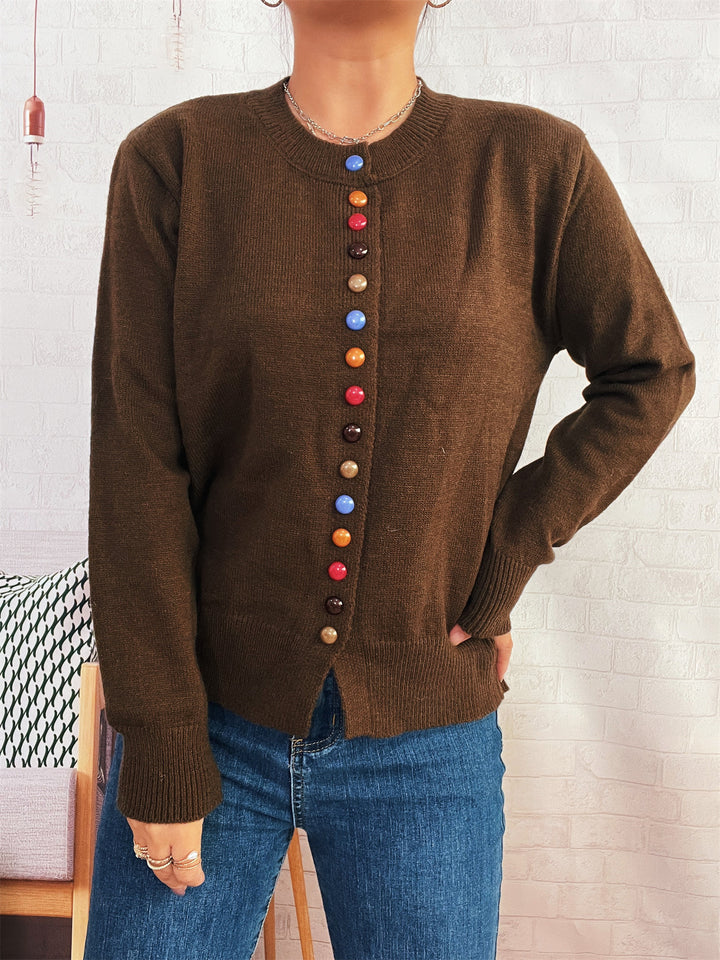 Damen stilvolle Strickjacke mit bunten Knöpfen Drune