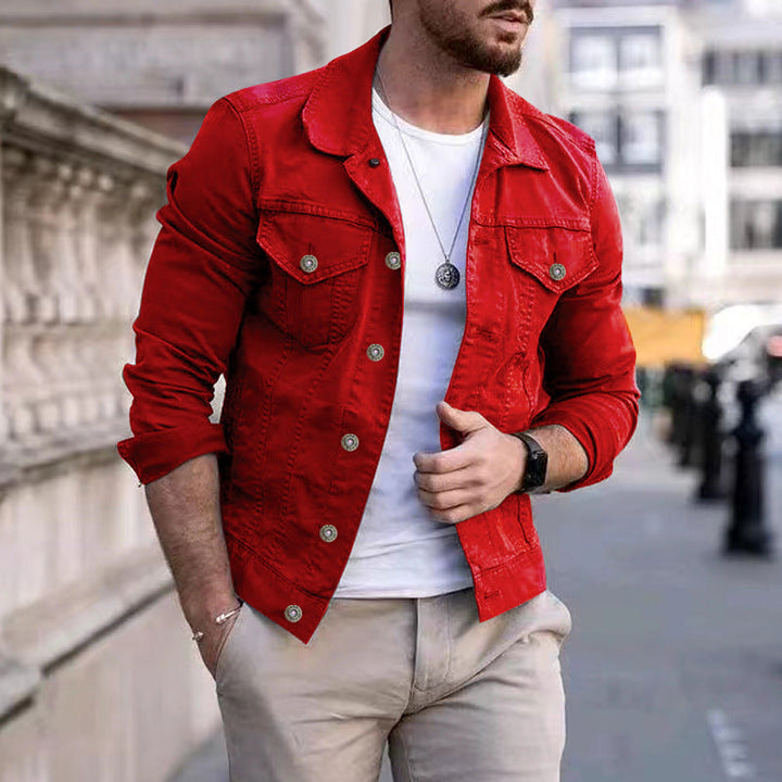 Herren nan taillierte Jeansjacke im Trucker-Stil mit Brusttaschen und Metallknöpfen Drune