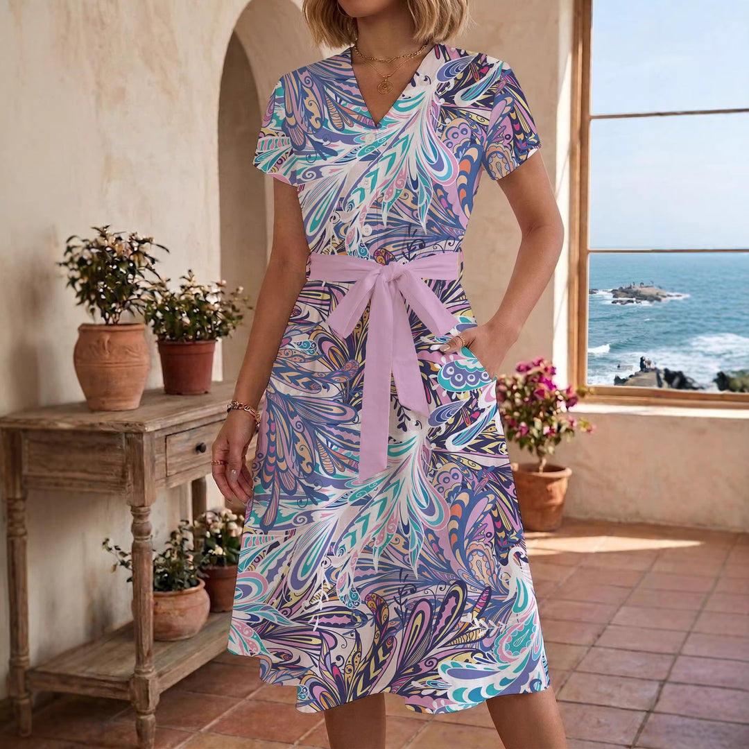 Damen Sommerliches Kleid mit taillierbarem Bindegürtel und floralem Muster Drune