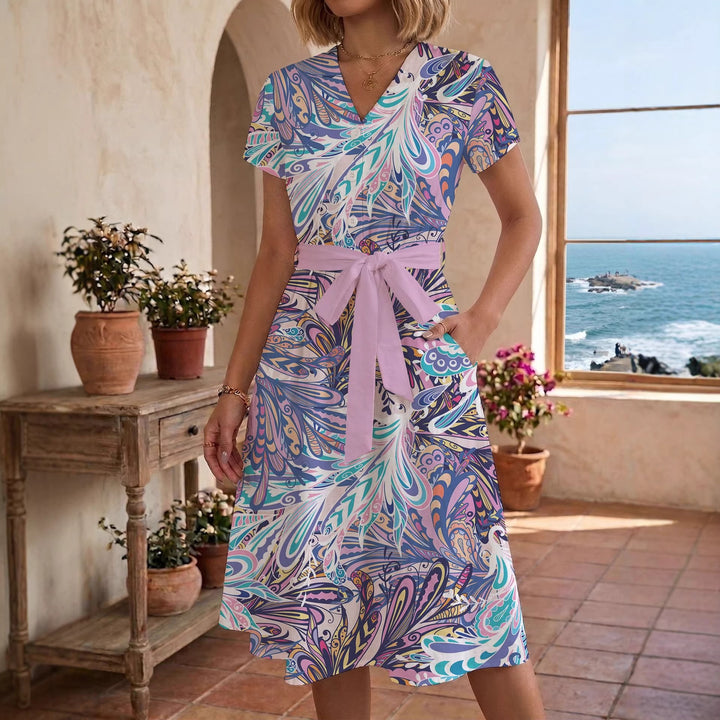 Damen Sommerliches Kleid mit taillierbarem Bindegürtel und floralem Muster Drune