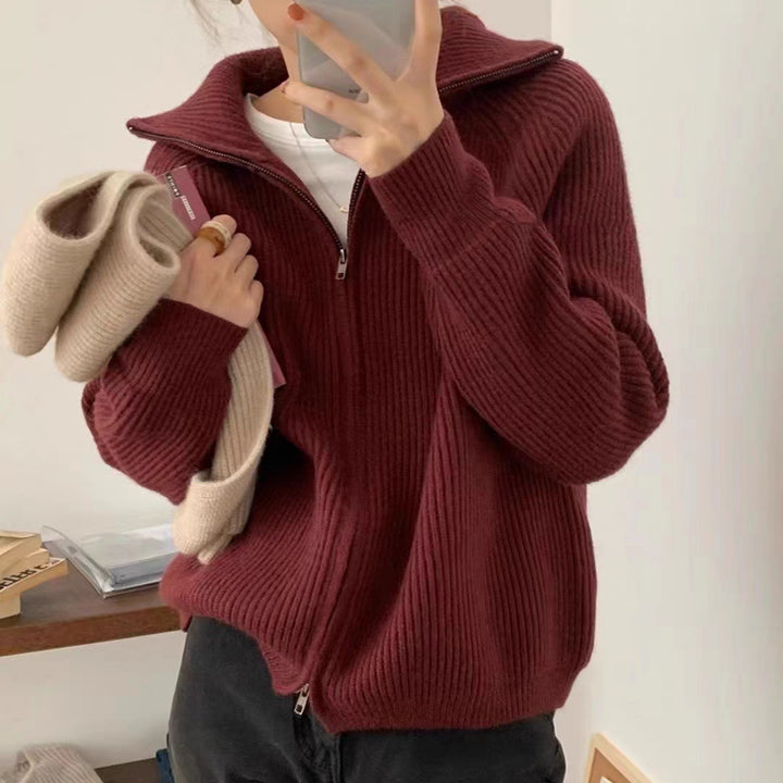 Damen Strickjacke mit hohem Kragen und modischem Rippenmuster Drune