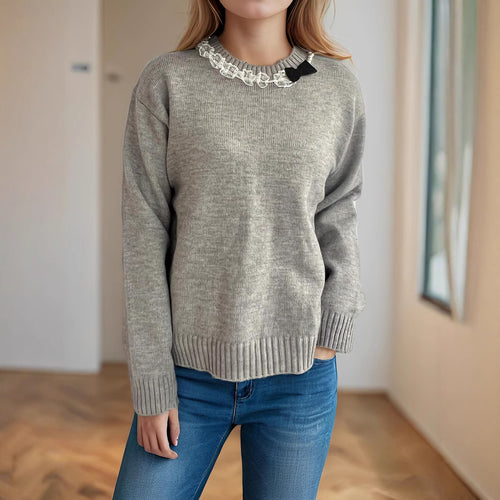 Damen gemütlicher Strickpullover mit Rüschendetails Drune