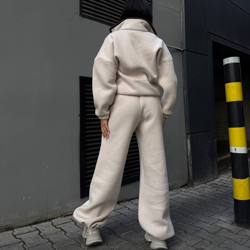 Damen Modischer Fleece-Jogginganzug mit hohem Kragen und Kängurutasche Drune