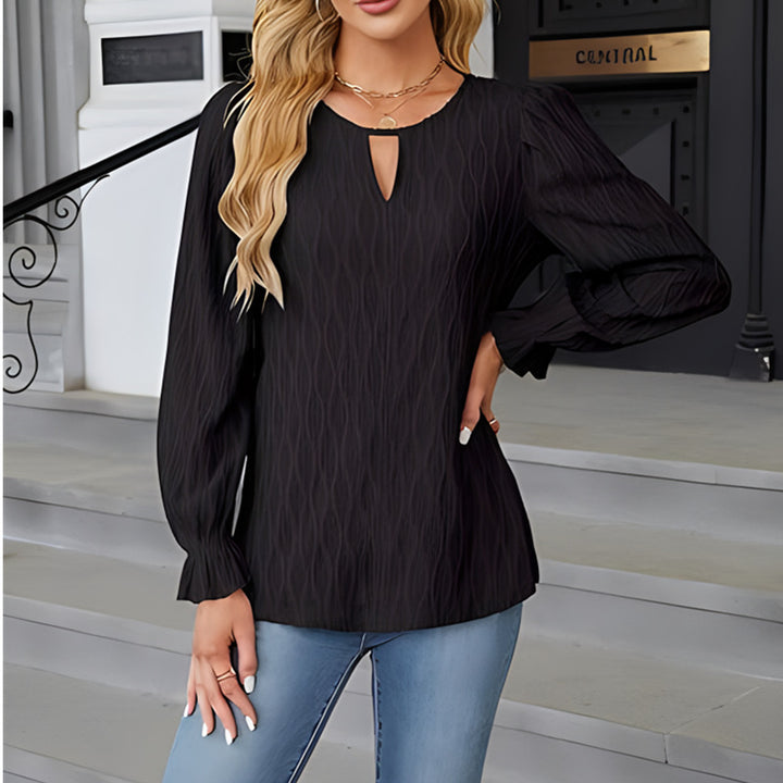 Damen elegantes Langarmshirt mit strukturiertem Stoff und Schlüsselloch-Ausschnitt Drune