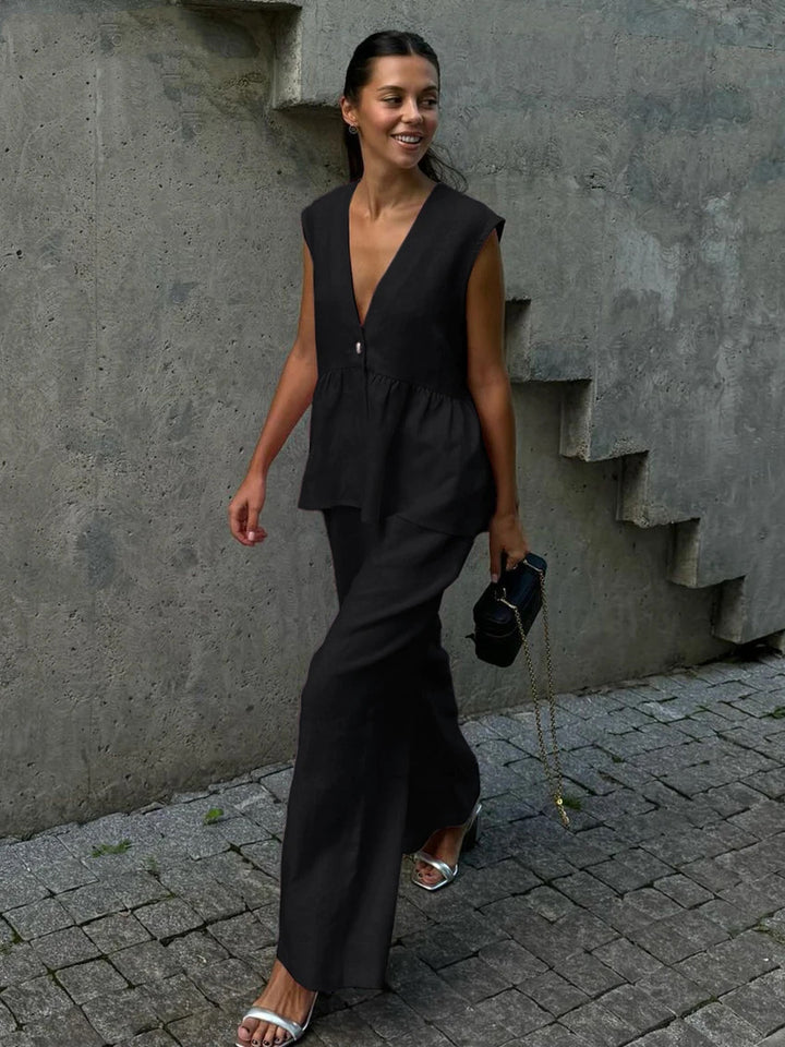 Damen luftiger Jumpsuit mit V-Ausschnitt und fließendem Schnitt Drune