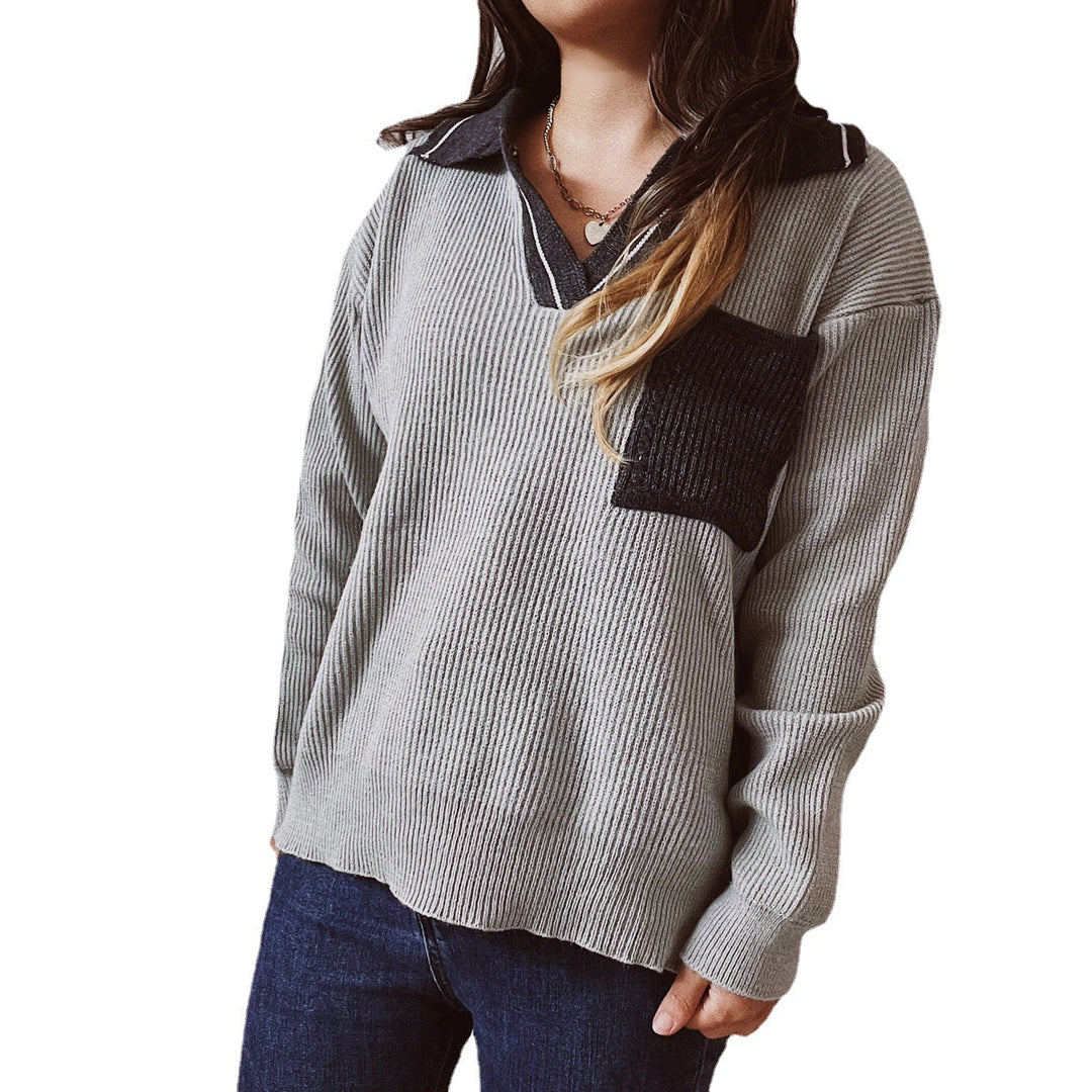 Damen lässiger V-Ausschnitt Pullover mit strukturiertem Rippdesign und kontrastierendem Kragen Drune