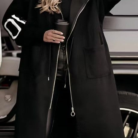 Damen Modische Longjacke mit Kapuze und Taschen Drune