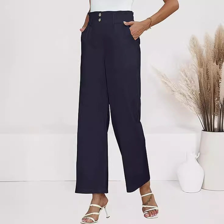Damen weite Stoffhose mit elastischem Bund und modischen Knopfdetails Drune