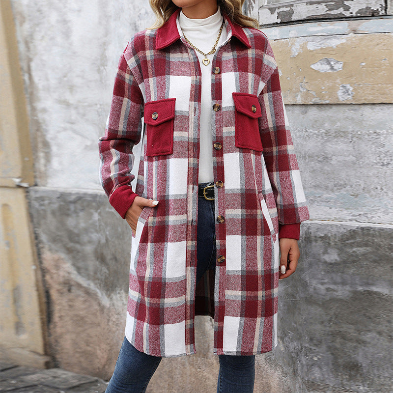 Damen karierte Langarmjacke mit praktischen Taschen und modernem Schnitt Drune