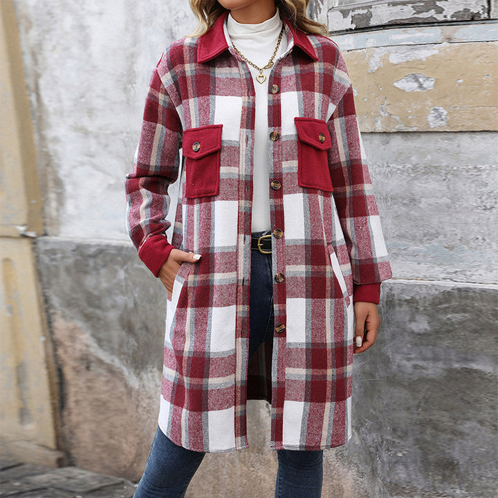 Damen karierte Langarmjacke mit praktischen Taschen und modernem Schnitt Drune