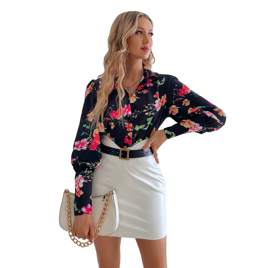 Damen elegante Bluse mit floralen Mustern und Puffärmeln Drune