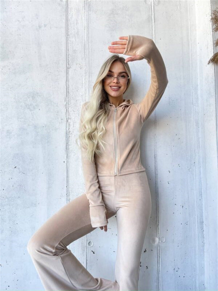 Damen Sportlicher Velours-Hoodie- und Hose-Set Drune