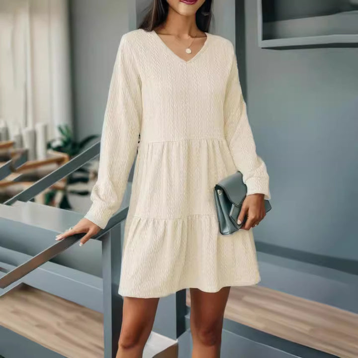 Damen lässiges V-Ausschnitt Kleid mit voluminösem Saum und langen Ärmeln Drune